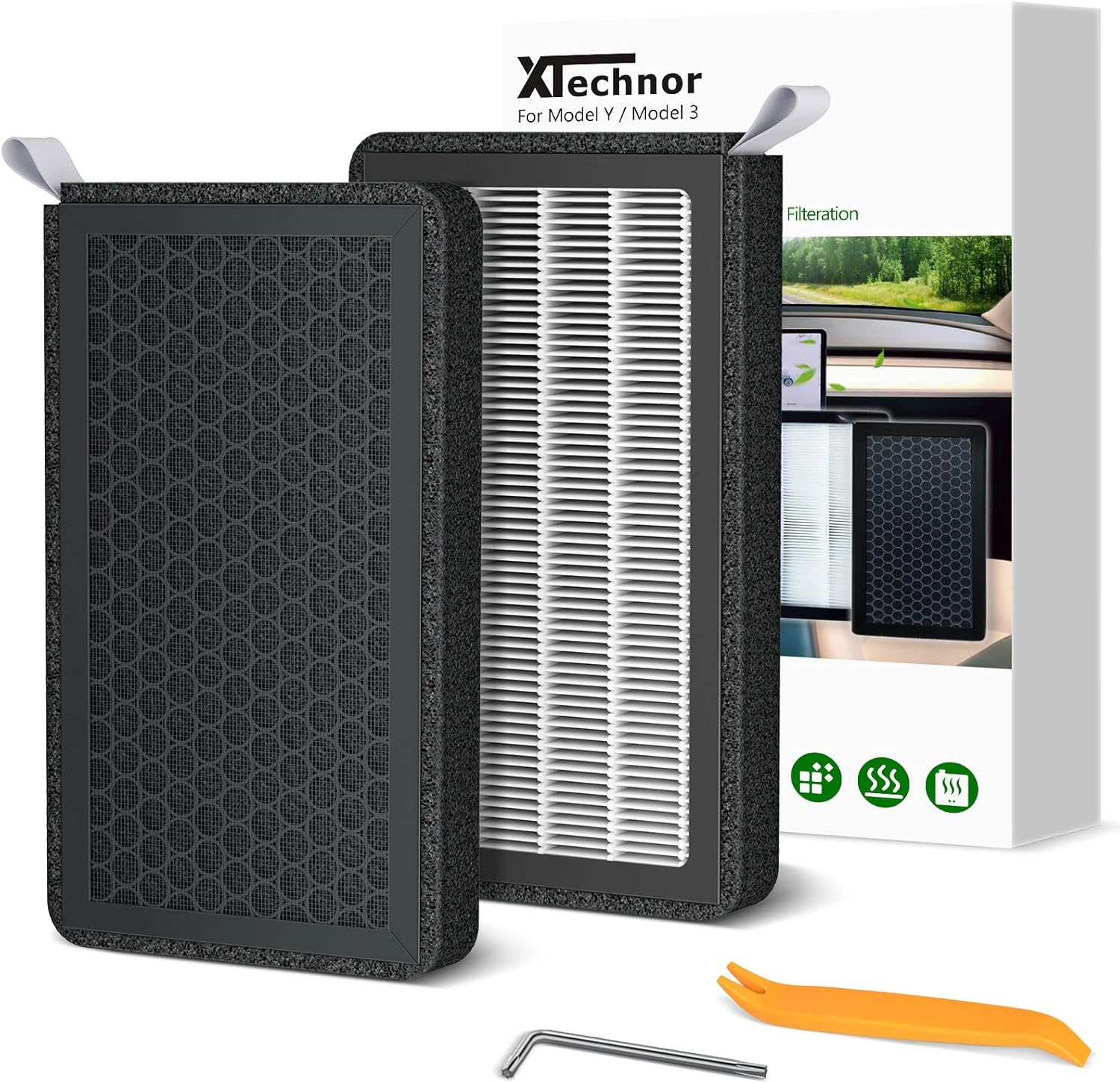 XTechnor HEPA Air Filter for Model Y Model 3 2016-2026, 2 Pack Cabin Air Filter with Activated Carbon