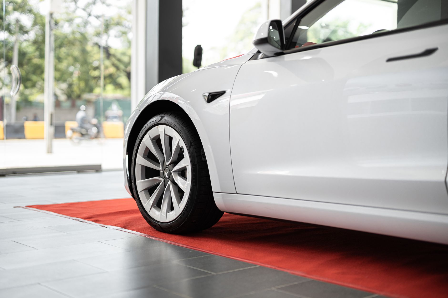 Close-up of a Tesla wheel and tire