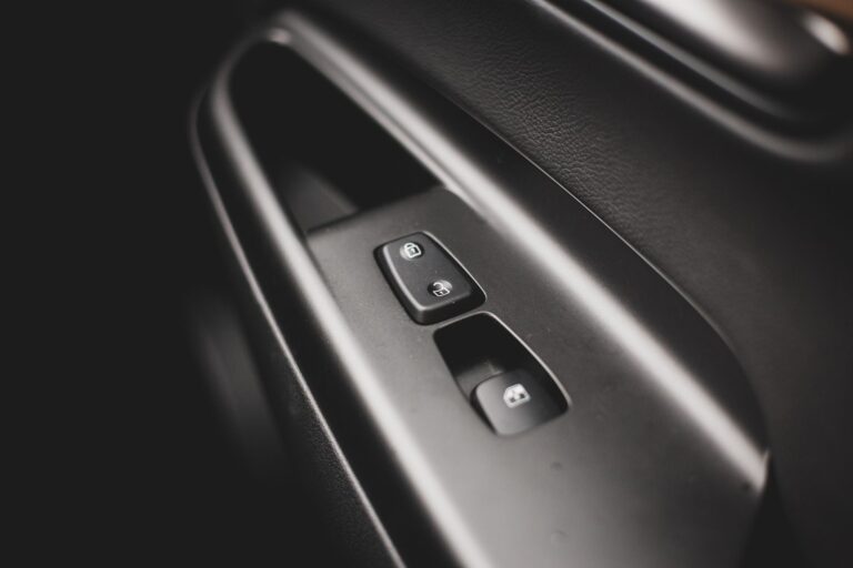 Monochromatic close-up of a car door handle and button panel in soft lighting.