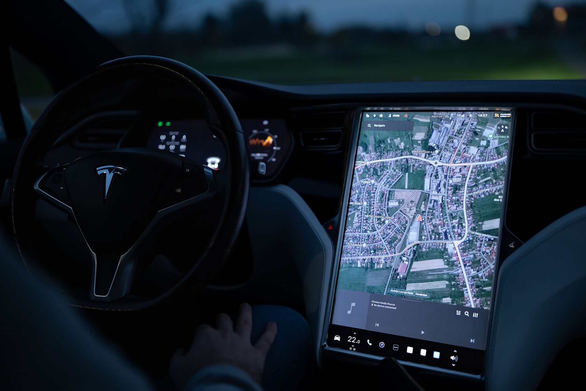 Touchscreen navigation display inside a modern electric vehicle